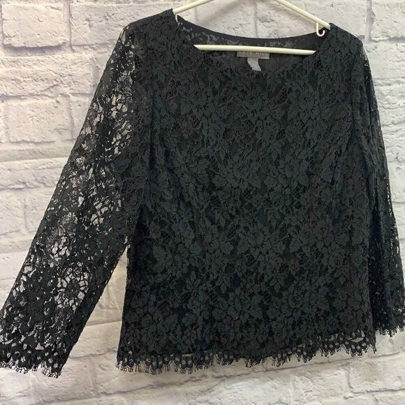 Kate Hill‎ Shirt Womens 10 Black Lace Long Sleeve Blouse - Picture 2 of 11